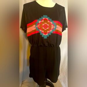 NWT Crazy Train large black romper with Aztec design in front and two pockets
